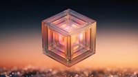 Translucent glass cube with warm amber and rose gold gradient glow floating above blurred cityscape at sunset, suitable for tech, innovation, and abstract design projects.