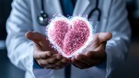 Medical professional holding glowing pink heart shape with network connections, symbolizing healthcare technology, healing, and compassionate patient care.