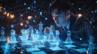 Young Asian businessman analyzing glowing holographic chess pieces on digital board with bokeh lights, strategic planning concept in modern technology.