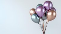 Metallic balloons bunch in rose gold, silver, and purple pearl colors floating against light background, celebration party decoration concept.