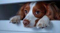 Adorable Brittany Spaniel puppy with soulful eyes peeks through window blinds, displaying curious and innocent expression against blue-tinted background.