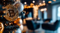 Golden bitcoin cryptocurrency coin hanging as Christmas tree decoration with festive bokeh lights and ornaments creating magical holiday atmosphere.