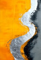 Abstract art with dynamic brushstrokes in orange, silver, and black creates flowing curves and textured surfaces, expressing movement and contrast in modern style.