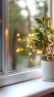 Green houseplant in white pot on windowsill with soft bokeh lights in background creating cozy atmosphere. Natural home decor with warm evening glow.