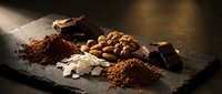 Dark chocolate bars with cocoa powder and roasted cacao beans on slate surface. Premium ingredients for confectionery and baking applications.