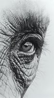 Detailed black and white close-up of an elephant's eye showing intricate skin texture, wrinkles, and eyelashes in artistic monochromatic style.