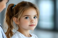 Young girl with bright blue eyes and ponytail looking up thoughtfully against blurred background, wearing white. Natural lighting highlights gentle expression.