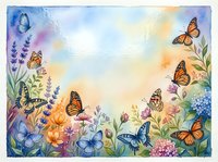 Colorful butterflies flutter among blooming wildflowers in dreamy watercolor garden scene with soft pastel background for spring and summer designs.