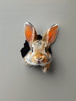 Curious rabbit with orange and white fur peeking through hole in gray wall, creating illusion of emerging from surface. Perfect for wildlife or pet concepts.
