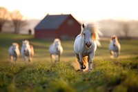 White pony leads herd galloping across sunlit meadow at golden hour, red barn in background, dramatic motion capture of running horses in countryside setting.