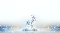 Holographic goat statue with glowing blue and golden light effects on white isolated background, suitable for design projects and digital artwork.