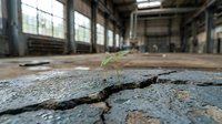 Small green plant growing through crack in concrete floor of abandoned industrial warehouse building symbolizing resilience and hope.
