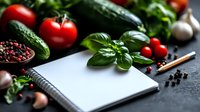 Fresh vegetables, tomatoes, cucumbers and basil leaves arranged around blank notepad on dark background, food photography for recipe or menu planning.
