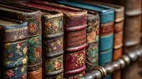 Row of antique leather-bound books with ornate gold decorative patterns and colorful spines arranged on wooden bookshelf in vintage library setting.