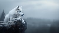 Majestic Arctic wolf resting on rocky cliff edge against misty mountain backdrop in cool blue tones, displaying peaceful contemplative pose in natural habitat.