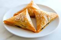 Crispy phyllo pastry triangles filled with spinach and cheese, topped with sesame seeds served on white plate, fresh baked Mediterranean appetizer.