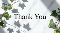Thank you card with elegant ivy leaves and soft shadows on white marble background, perfect for gratitude messages and social media posts.