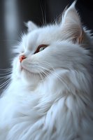 Close-up portrait of white Persian cat with long fluffy fur and amber eyes looking up against dark background, showing majestic and serene expression.