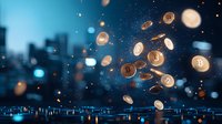 Golden cryptocurrency coins floating against dark cityscape with bokeh lights and digital elements. Modern financial technology concept for business presentations.