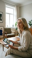 Mature blonde Caucasian woman using tablet computer at home, sitting on sofa in bright living room with plants and modern furniture for remote work.