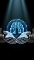 Hands holding glowing lungs with blue light rays, representing respiratory health, medical care, and organ donation awareness for healthcare and wellness concepts.