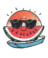 Cute watermelon slice wearing sunglasses on surfboard against sun background, summer vacation concept. Fun cartoon style illustration on white background.