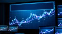Financial trading charts displayed on multiple monitors showing upward market trends with glowing blue candlestick patterns and technical analysis indicators.
