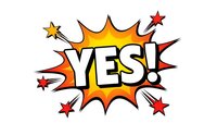 Comic book style explosion burst with YES text in bold letters surrounded by colorful stars and dynamic action lines on white background.