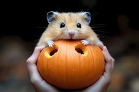 Adorable hamster peeking out from carved Halloween pumpkin held in hands against dark background, creating whimsical autumn holiday scene.