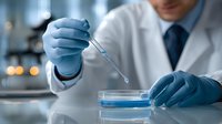 Medical researcher in lab coat and protective gloves working with petri dish and pipette during scientific experiment in modern laboratory setting.