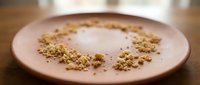 Scattered mung beans arranged in circular pattern on terracotta plate, minimalist food styling for culinary and nutrition content.
