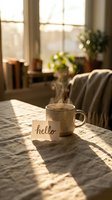 Steaming speckled mug with a hello note on a linen table in warm morning sunlight, cozy home interior background.