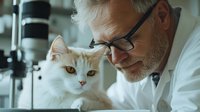Senior male veterinarian with gray hair and glasses examining white and ginger cat in modern veterinary clinic, showing care and professional attention during medical checkup.