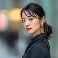 Young Asian businesswoman with elegant hairstyle and professional black attire in modern urban setting with bokeh lights for corporate marketing materials.