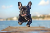 Playful French Bulldog puppy jumping over wooden pier at seaside, black coat with happy expression and tongue out, motion captured mid-air against blue sky and water.
