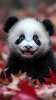 Adorable baby panda cub with bright eyes and happy expression surrounded by red autumn maple leaves, creating heartwarming wildlife portrait in natural setting.