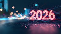 Glowing neon pink 2026 number with light trails and bokeh effects on dark reflective surface against blurred city lights background creates futuristic atmosphere.