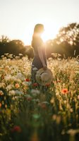 Woman standing in wildflower meadow at golden hour holding straw hat, surrounded by blooming poppies and daisies, backlit by sunset for lifestyle and nature photography.