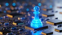 Glowing blue chess pawn piece on computer circuit board representing artificial intelligence strategy and digital technology innovation in business.