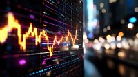 Financial market data visualization with glowing orange stock chart lines and blue digital indicators against blurred city lights background at night.