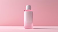 Pink cosmetic bottle on pastel pink background with soft shadow, minimalist beauty product photography for skincare and wellness packaging design.