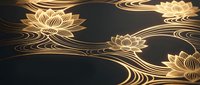 Elegant golden lotus flowers floating on flowing water waves in luxurious Asian-inspired design pattern for premium decorative backgrounds and wallpapers.