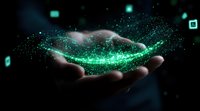 Magical glowing green particles floating above outstretched palm against dark background, creating ethereal swirling pattern with sparkles and light effects.