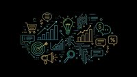 Digital marketing strategy concept with line art icons including charts, lightbulb, shopping cart, and dollar signs on dark background for business presentations.