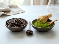 Coffee beans and matcha green tea powder in wooden bowls with bamboo whisk on kitchen counter for healthy beverage preparation and cooking.