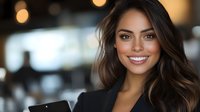 Professional young Hispanic businesswoman smiling confidently in modern office environment with warm lighting for corporate marketing materials.