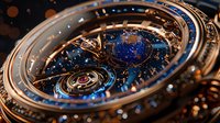 Intricate astronomical watch face with golden metallic details and deep blue cosmic elements showing planetary movements and celestial mechanics against dark background.