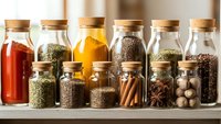 Collection of aromatic spices and herbs stored in glass jars with cork lids on wooden shelf for culinary cooking and seasoning kitchen ingredients.