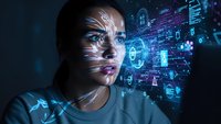 Young woman with digital data projections on face representing artificial intelligence and futuristic technology concepts for modern business.