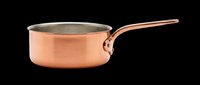 Copper saucepan with stainless steel interior and long handle, isolated on transparent background. Ready for culinary design, kitchen product mockups, cooking blogs, recipe graphics, and print-on-demand merchandise.